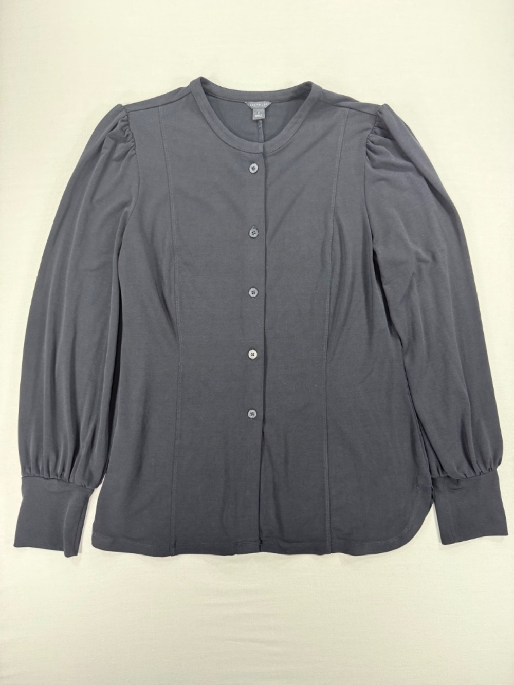 Ann Taylor Mixed Media Button-Front Puff-Sleeve Blouse - Picture 2 of 6